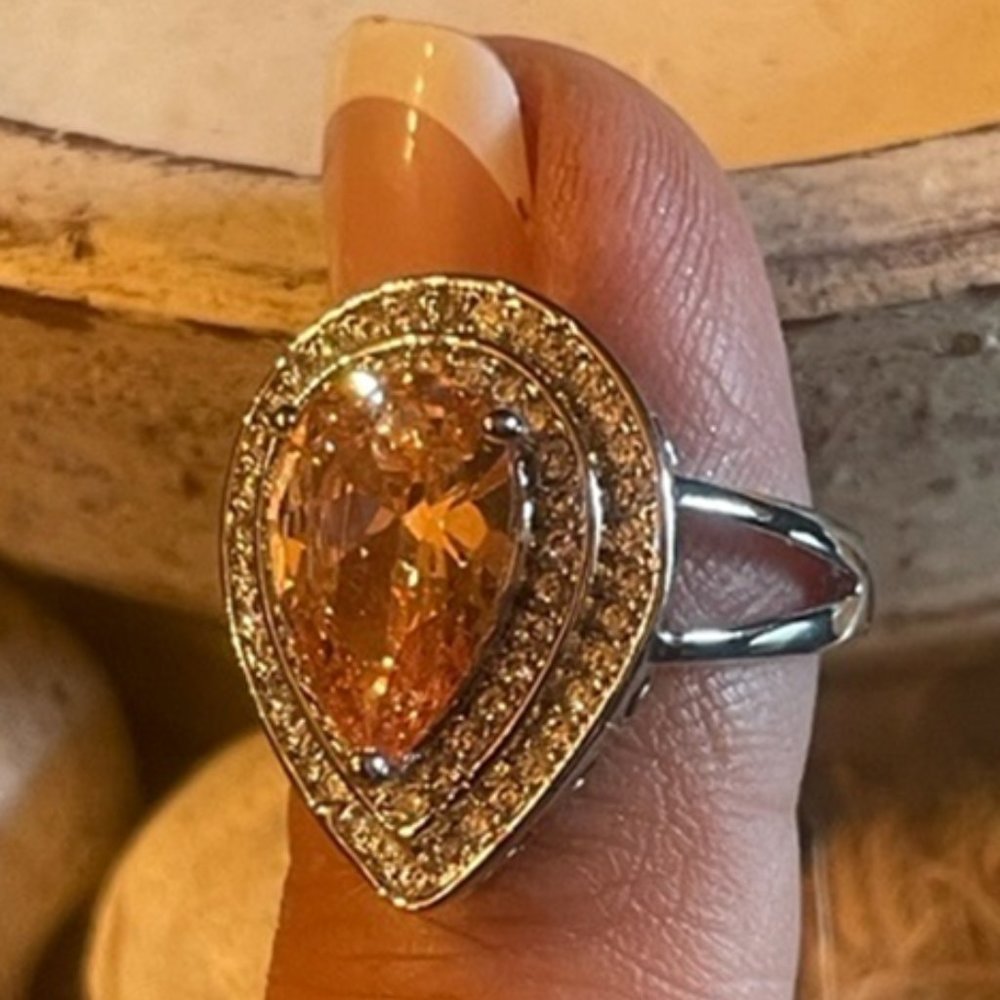 But First Champagne Gorgeous Sparkling Pear Cut Halo Ring with Pave Stones